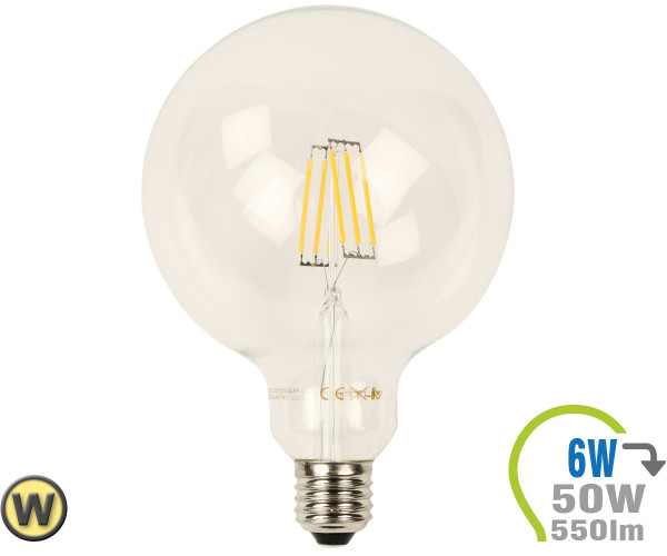 V-TAC E27 LED Globe 6W Filament G125 Warmweiß