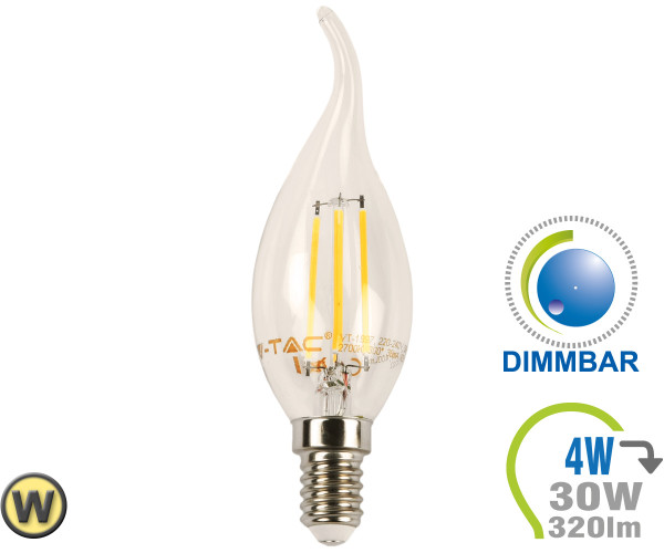 V-TAC E14 LED Kerze 4W Filament geschwungen Warmweiß Dimmbar