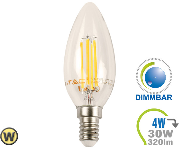 V-TAC E14 LED Kerze 4W Filament Warmweiß Dimmbar